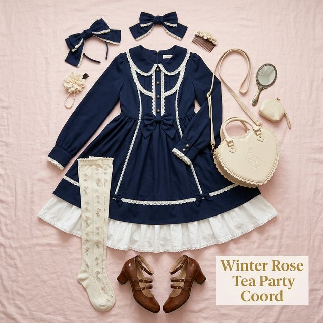 Complete Lolita coordinate styling: JSK, blouse, A-line petticoat, headbow, knee socks, and Mary Jane shoes