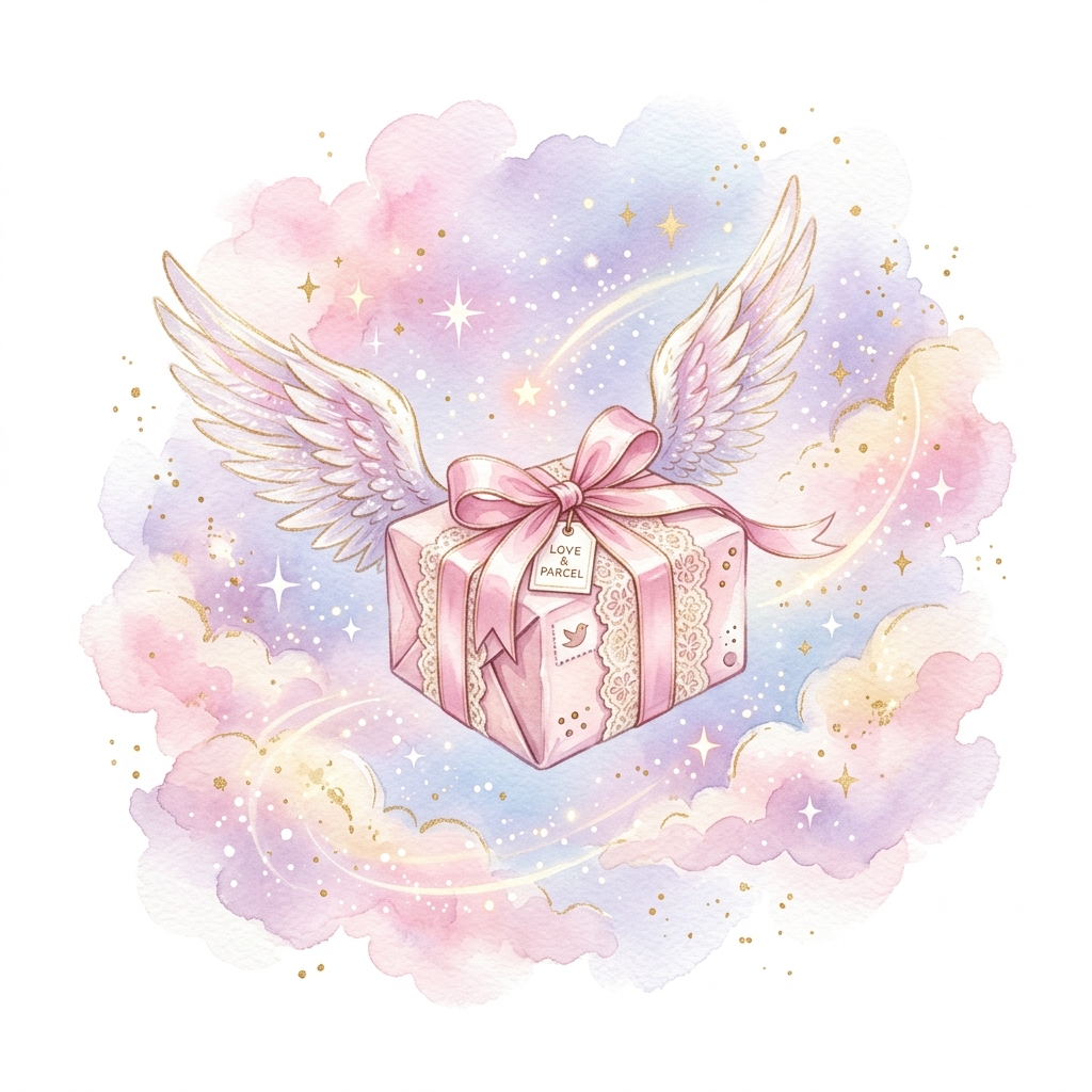Elegant Lolita fashion package with wings flying through dreamy sky