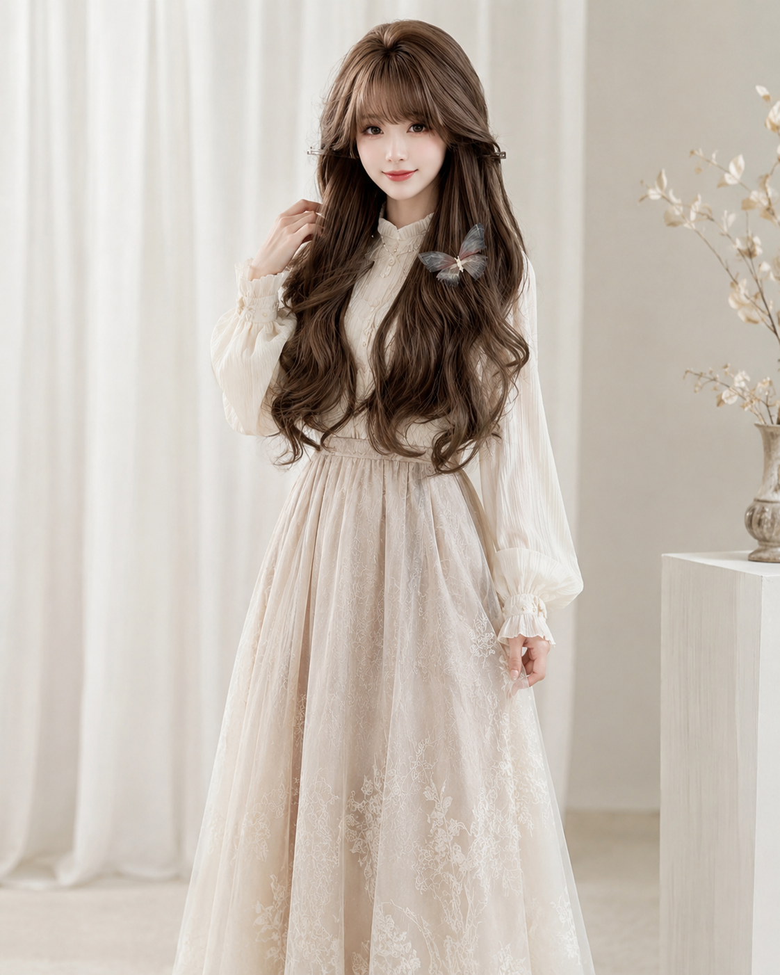 Ash Brown Side-Part Long Wavy Lolita Wig in Ash Brown, main product styling view 01