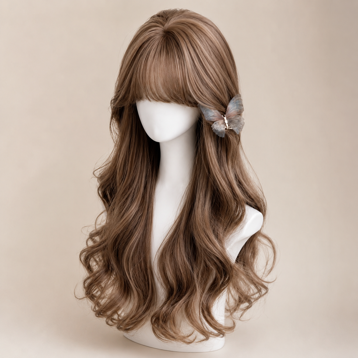 Ash Brown Side-Part Long Wavy Lolita Wig in Ash Brown, mannequin product view 01