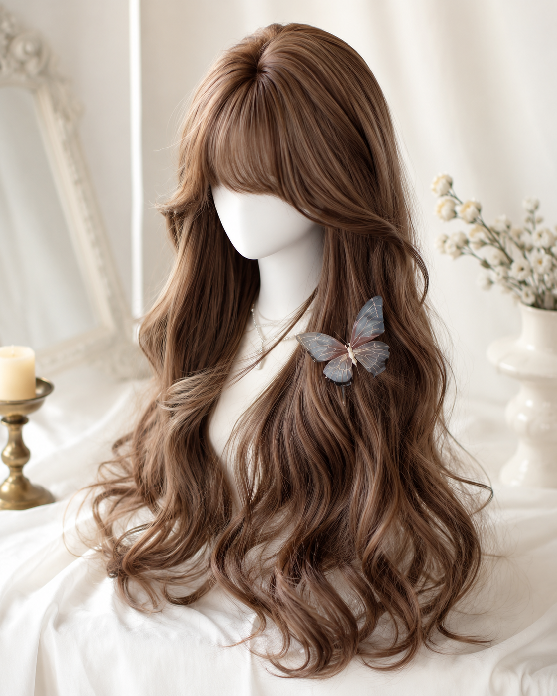 Ash Brown Side-Part Long Wavy Lolita Wig in Ash Brown, mannequin product view 03