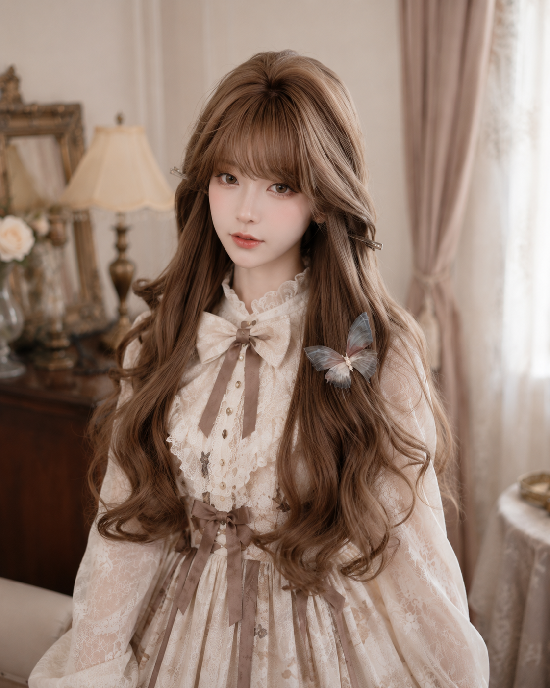 Ash Brown Side-Part Long Wavy Lolita Wig in Ash Brown, styled model view 01