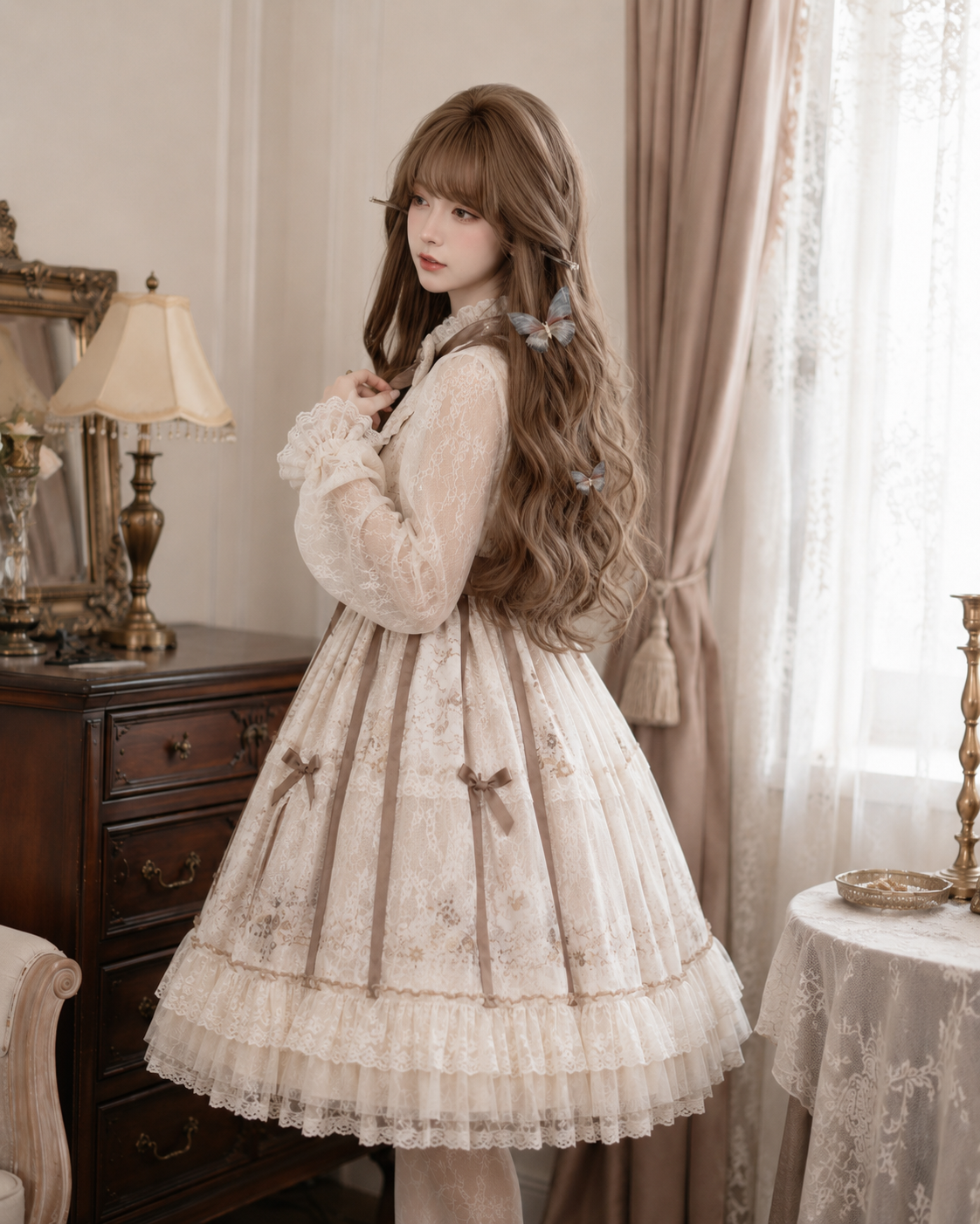 Ash Brown Side-Part Long Wavy Lolita Wig in Ash Brown, styled model view 02