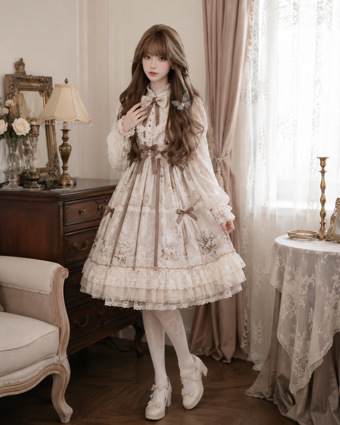 Ash Brown Side-Part Long Wavy Lolita Wig in Ash Brown, styled model view 03