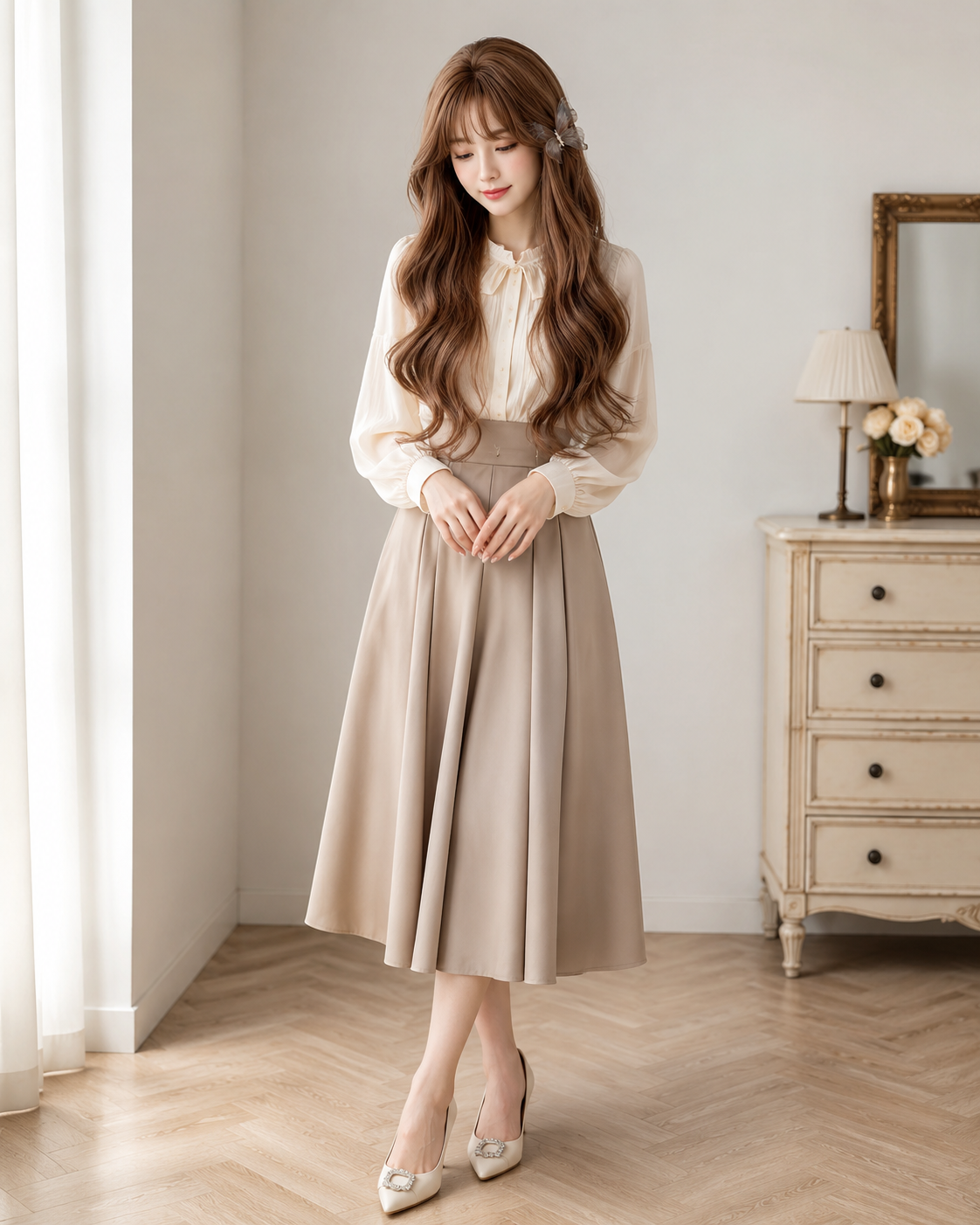 Ash Brown Side-Part Long Wavy Lolita Wig in Ash Brown, styled model view 04