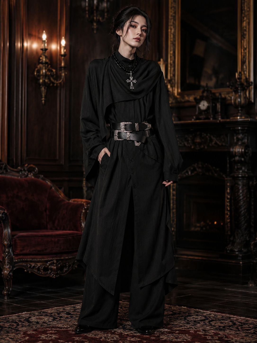 Asymmetric Scarf-Collar Ouji Shirt - Black Styled Model View 01 Asymmetric Scarf-Collar Ouji Shirt in Black, styled model view 01