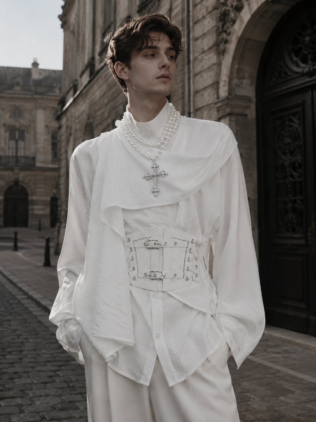 Asymmetric Scarf-Collar Ouji Shirt - White Main Product Styling View 01 Asymmetric Scarf-Collar Ouji Shirt in White, main product styling view 01