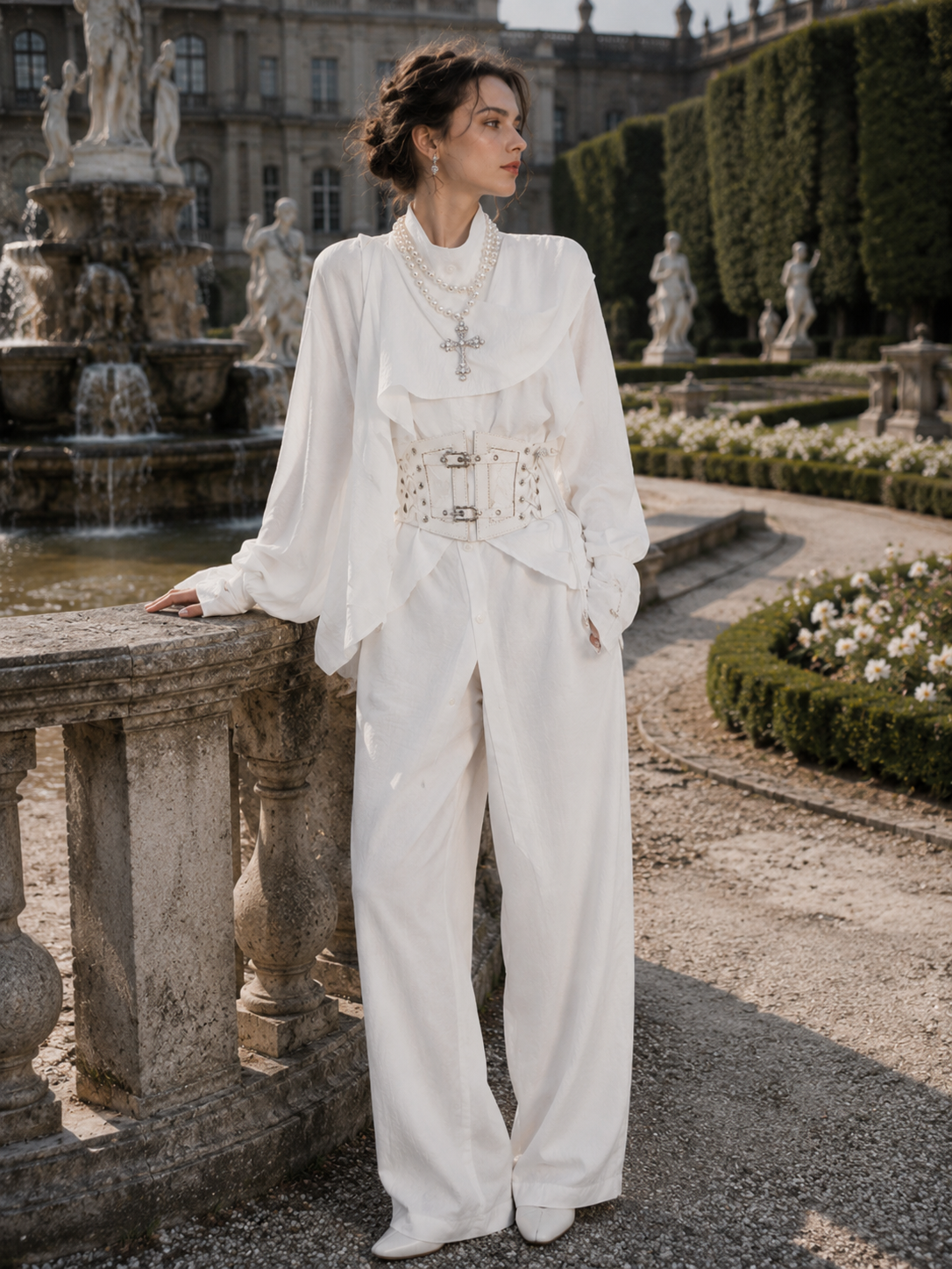 Asymmetric Scarf-Collar Ouji Shirt - White Styled Model View 02 Asymmetric Scarf-Collar Ouji Shirt in White, styled model view 02