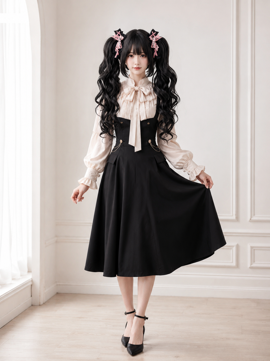Baroque Sweetheart Twin-Tail Lolita Wig - Natural Black Main Product Styling View 01 Baroque Sweetheart Twin-Tail Lolita Wig in Natural Black, main product styling view 01