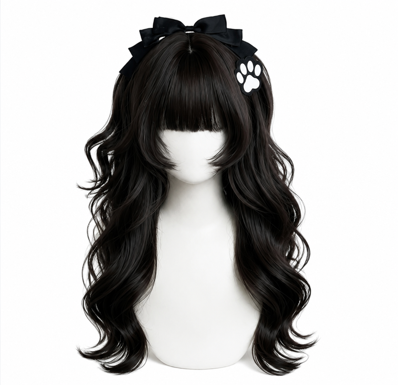 Black Long Wavy Lolita Wig with Full Bangs - Black Mannequin Product View 01 Black Long Wavy Lolita Wig with Full Bangs in Black, mannequin product view 01