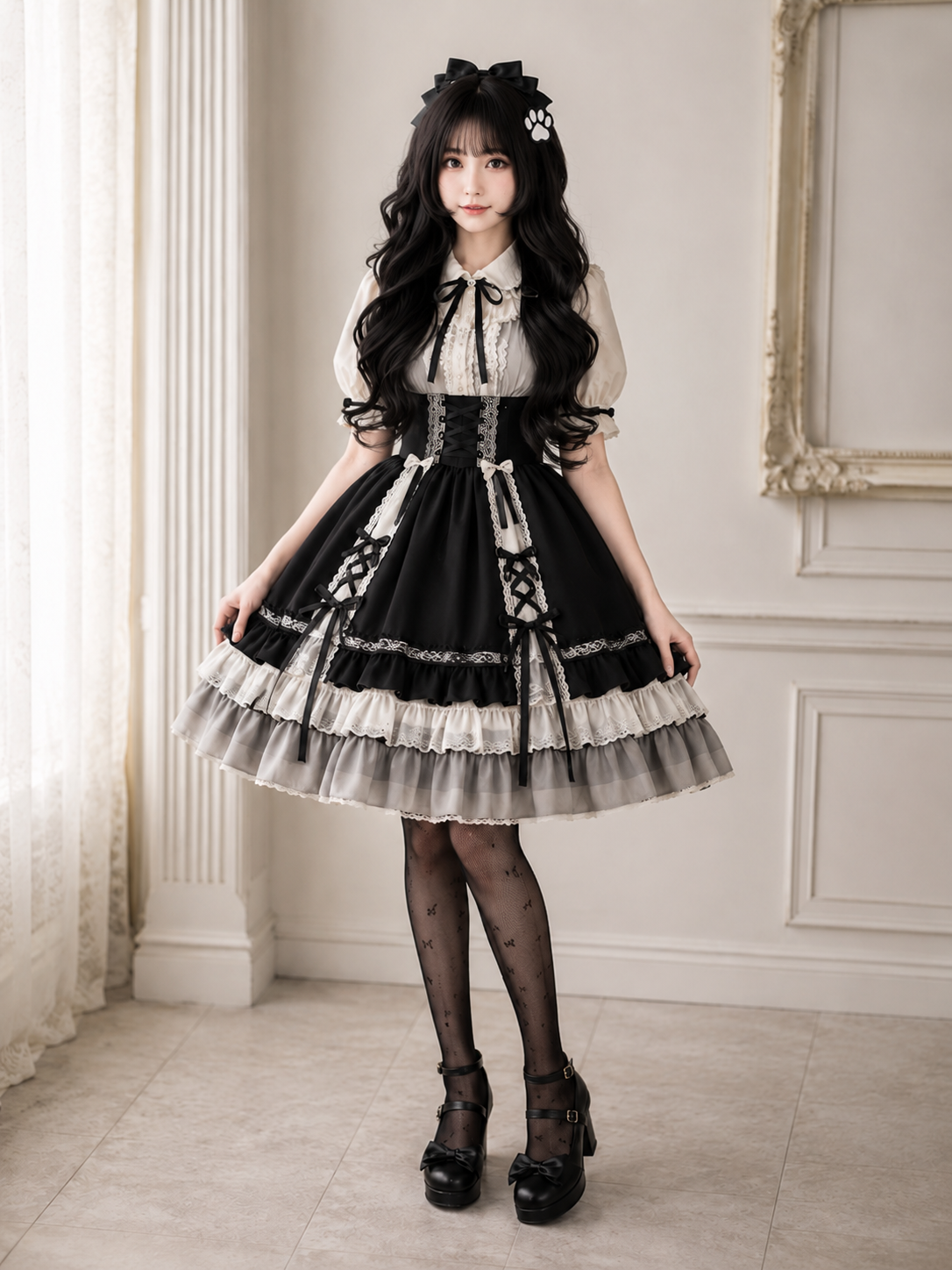 Black Long Wavy Lolita Wig with Full Bangs - Black Styled Model View 01 Black Long Wavy Lolita Wig with Full Bangs in Black, styled model view 01