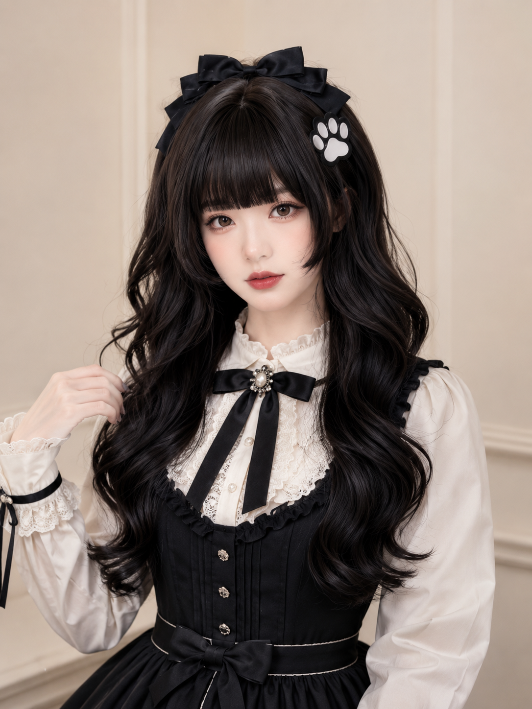 Black Long Wavy Lolita Wig with Full Bangs - Black Styled Model View 03 Black Long Wavy Lolita Wig with Full Bangs in Black, styled model view 03