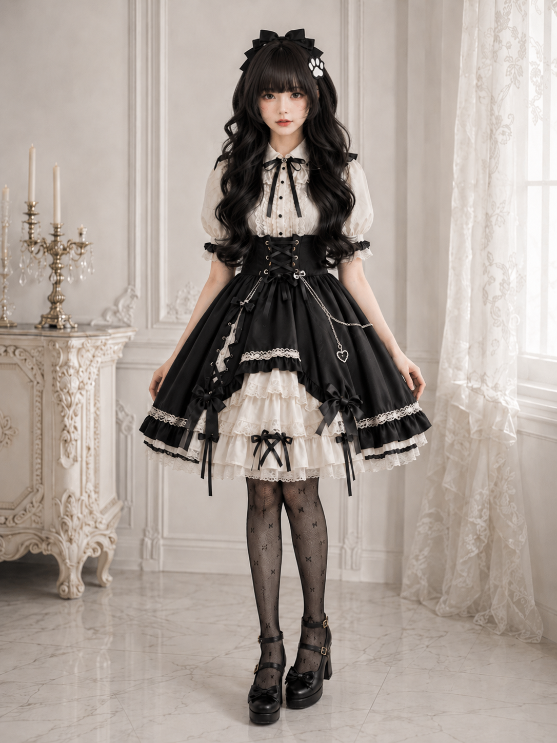 Black Long Wavy Lolita Wig with Full Bangs - Black Styled Model View 05 Black Long Wavy Lolita Wig with Full Bangs in Black, styled model view 05