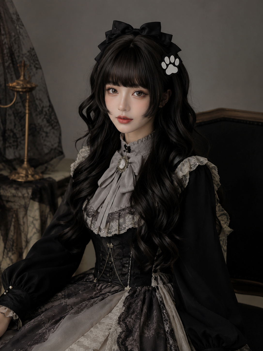 Black Long Wavy Lolita Wig with Full Bangs - Black Styled Model View 06 Black Long Wavy Lolita Wig with Full Bangs in Black, styled model view 06