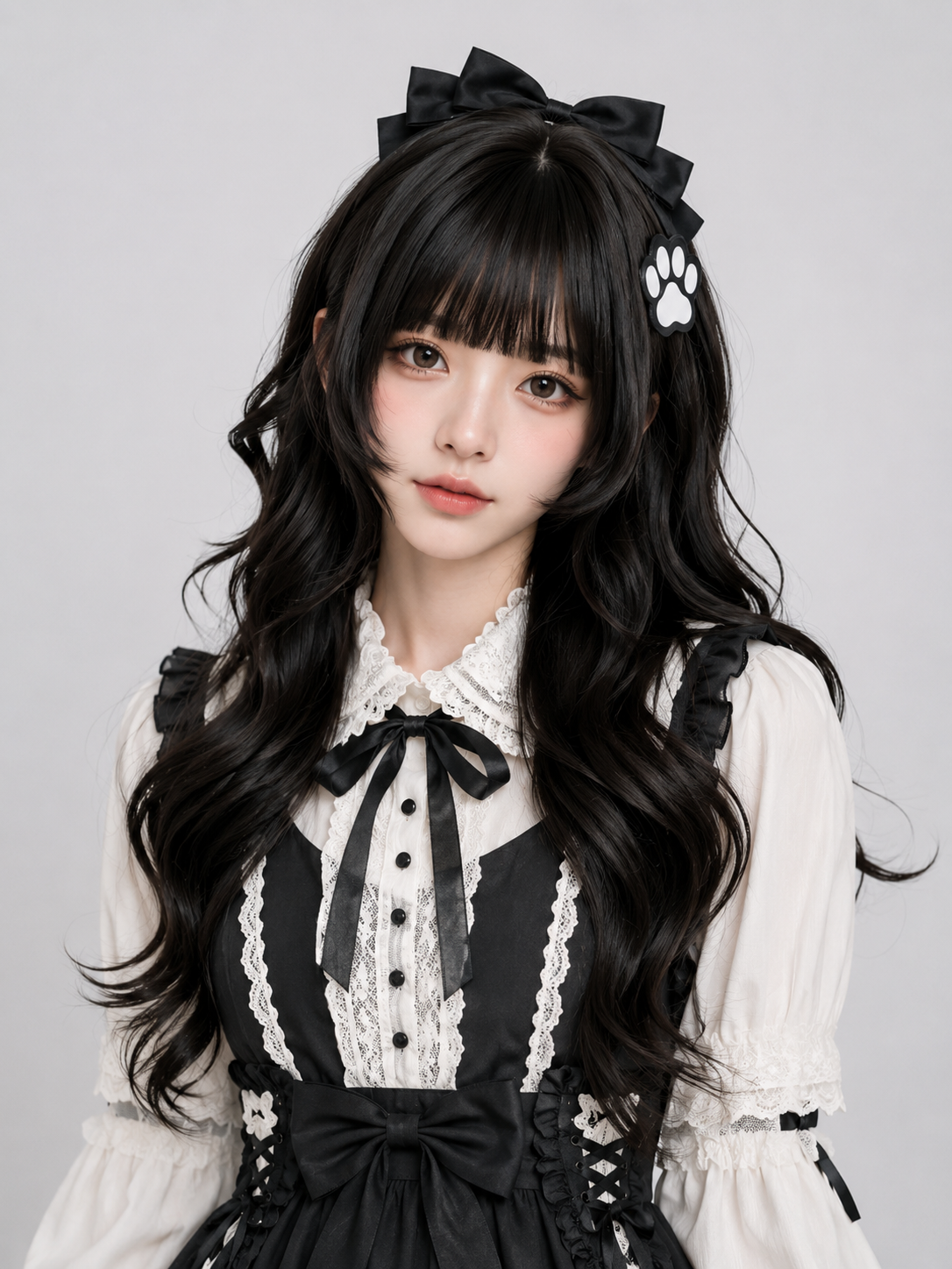 Black Long Wavy Lolita Wig with Full Bangs - Black Styled Model View 07 Black Long Wavy Lolita Wig with Full Bangs in Black, styled model view 07