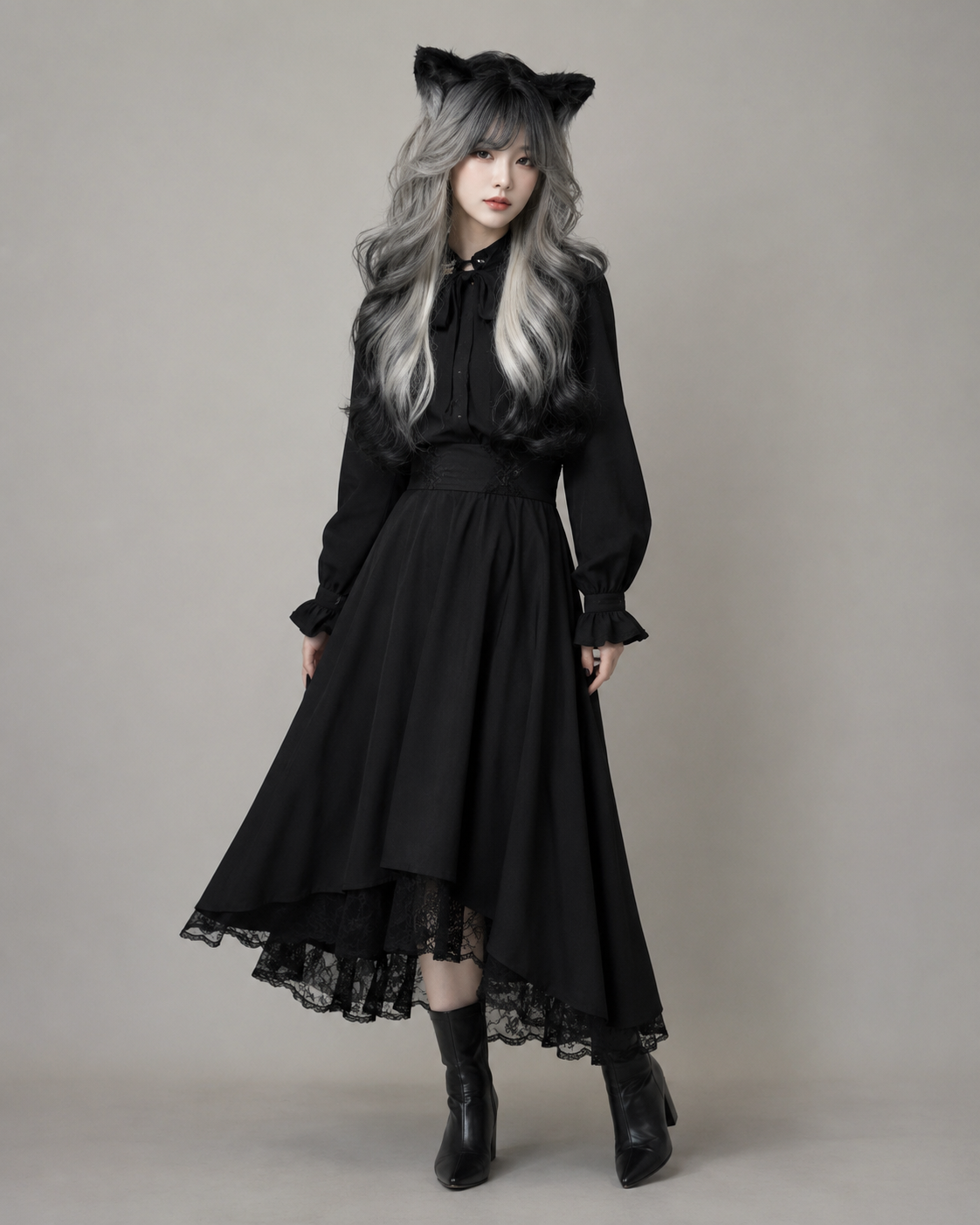 Black and Silver Ombre Long Wavy Lolita Wig - Black and Silver Ombre Main Product Styling View 01 Black and Silver Ombre Long Wavy Lolita Wig in Black and Silver Ombre, main product styling view 01