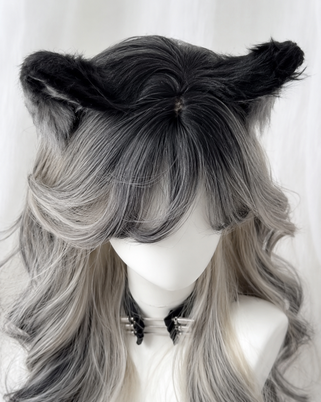 Black and Silver Ombre Long Wavy Lolita Wig - Black and Silver Ombre Mannequin Product View 02 Black and Silver Ombre Long Wavy Lolita Wig in Black and Silver Ombre, mannequin product view 02