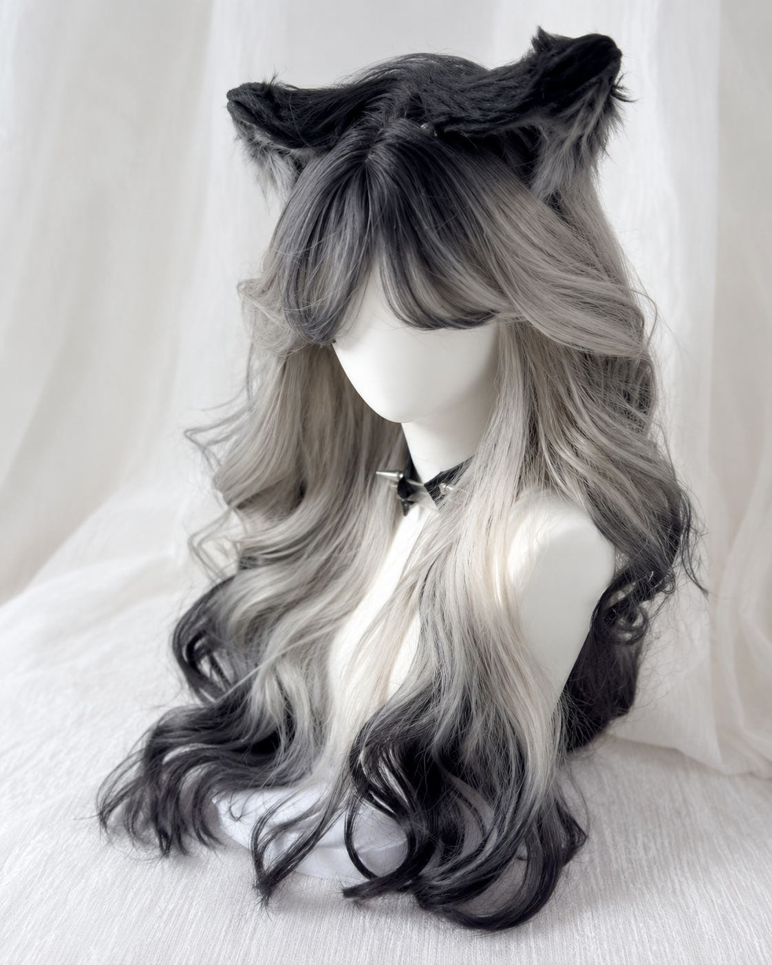 Black and Silver Ombre Long Wavy Lolita Wig - Black and Silver Ombre Mannequin Product View 03 Black and Silver Ombre Long Wavy Lolita Wig in Black and Silver Ombre, mannequin product view 03