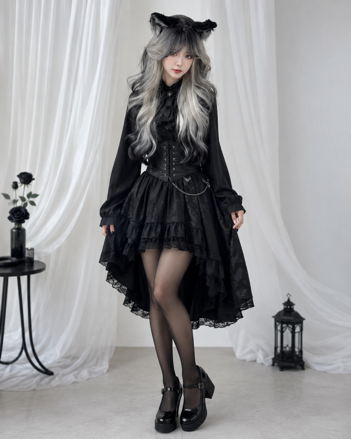 Black and Silver Ombre Long Wavy Lolita Wig - Black and Silver Ombre Styled Model View 04 Black and Silver Ombre Long Wavy Lolita Wig in Black and Silver Ombre, styled model view 04