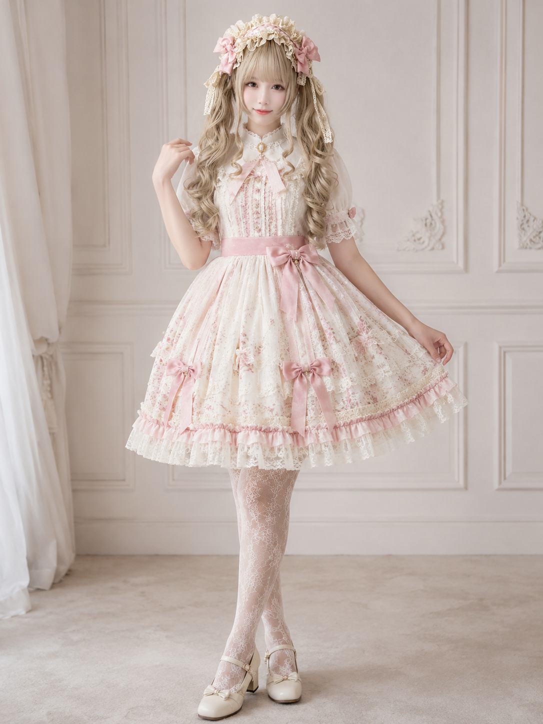 Cream Gold Spiral-Curl Lolita Wig in Cream Gold, main product styling view 01
