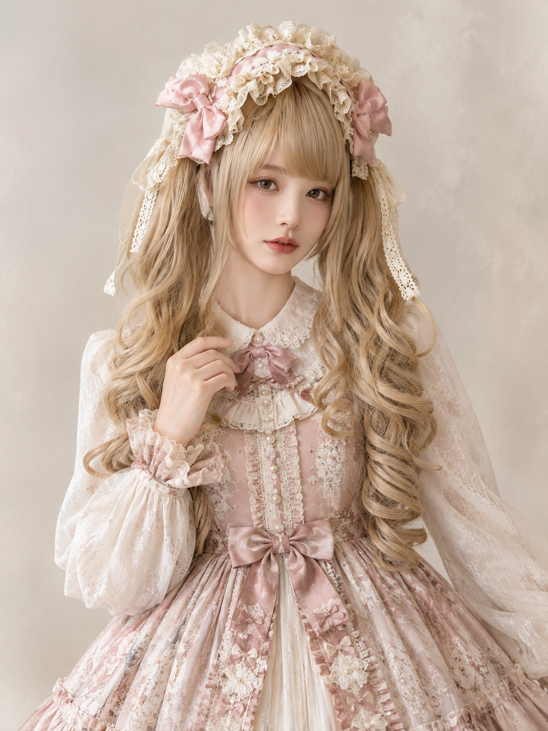 Cream Gold Spiral-Curl Lolita Wig in Cream Gold, styled model view 01