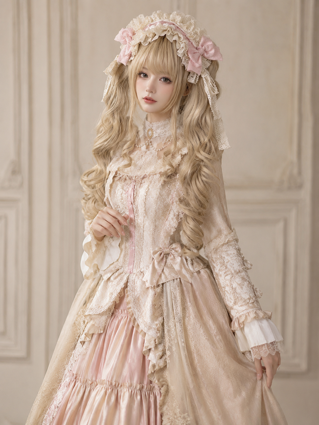 Cream Gold Spiral-Curl Lolita Wig in Cream Gold, styled model view 02