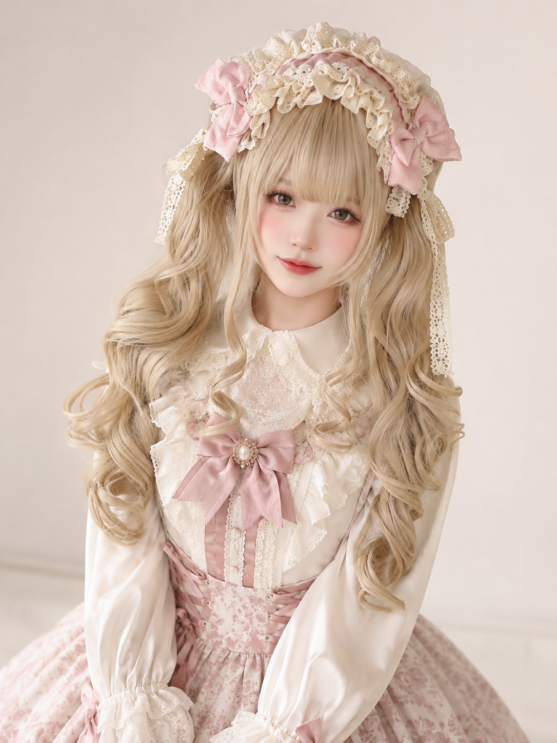 Cream Gold Spiral-Curl Lolita Wig in Cream Gold, styled model view 03