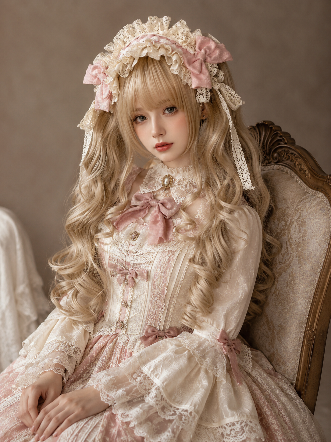 Cream Gold Spiral-Curl Lolita Wig in Cream Gold, styled model view 04