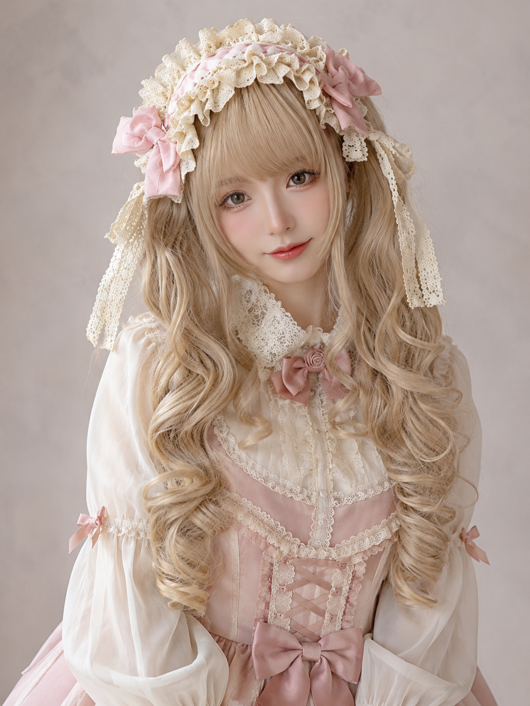 Cream Gold Spiral-Curl Lolita Wig in Cream Gold, styled model view 05