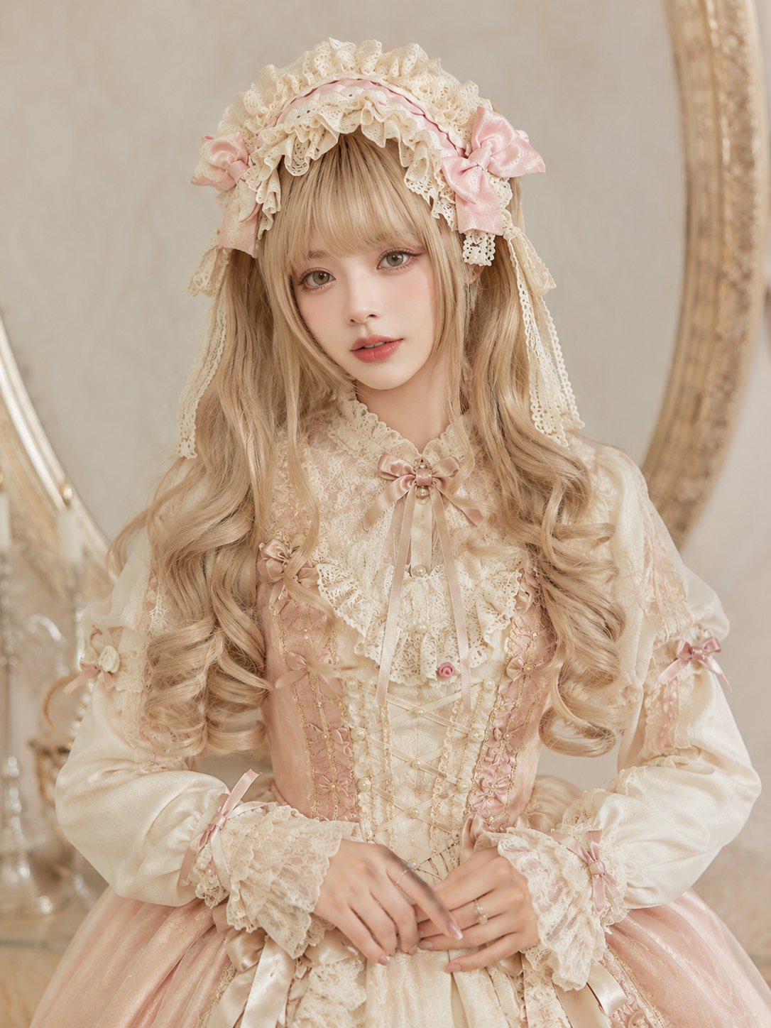 Cream Gold Spiral-Curl Lolita Wig in Cream Gold, styled model view 06