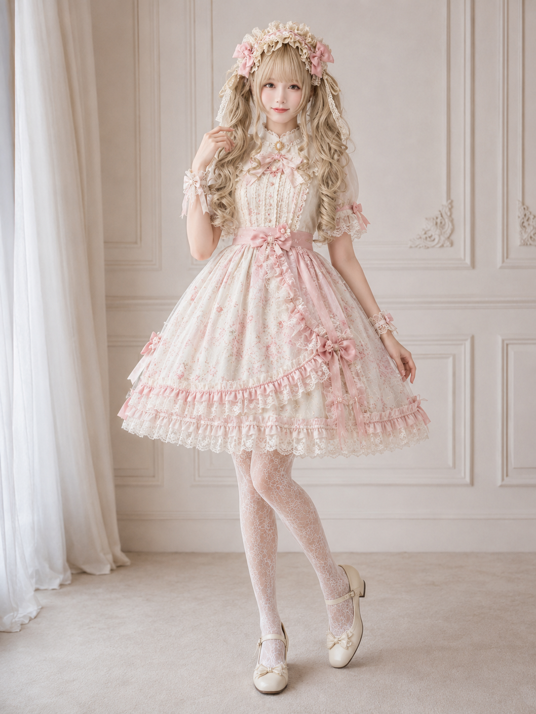 Cream Gold Spiral-Curl Lolita Wig in Cream Gold, styled model view 07