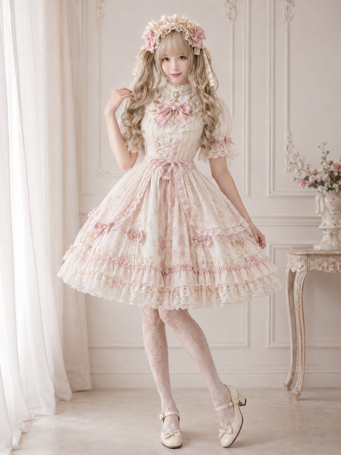 Cream Gold Spiral-Curl Lolita Wig in Cream Gold, styled model view 08