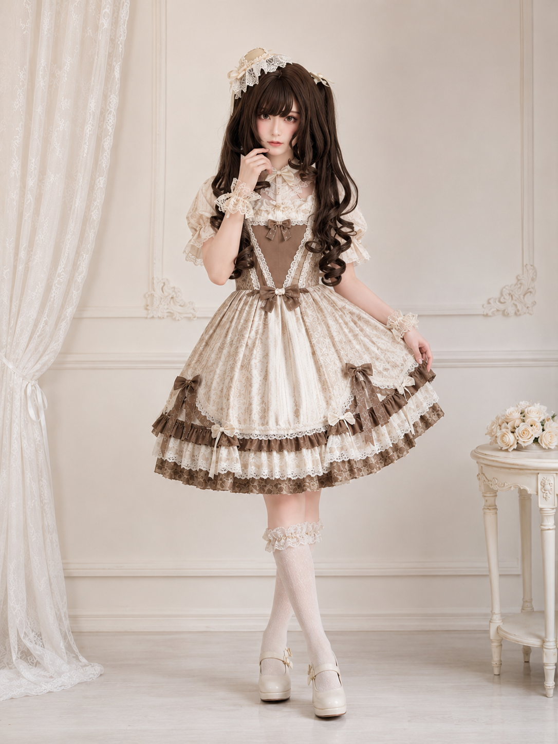 Dark Brown Curled Twin-Tail Lolita Wig in Dark Brown, main product styling view 01