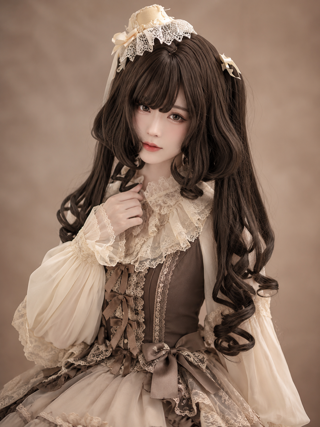 Dark Brown Curled Twin-Tail Lolita Wig in Dark Brown, styled model view 01