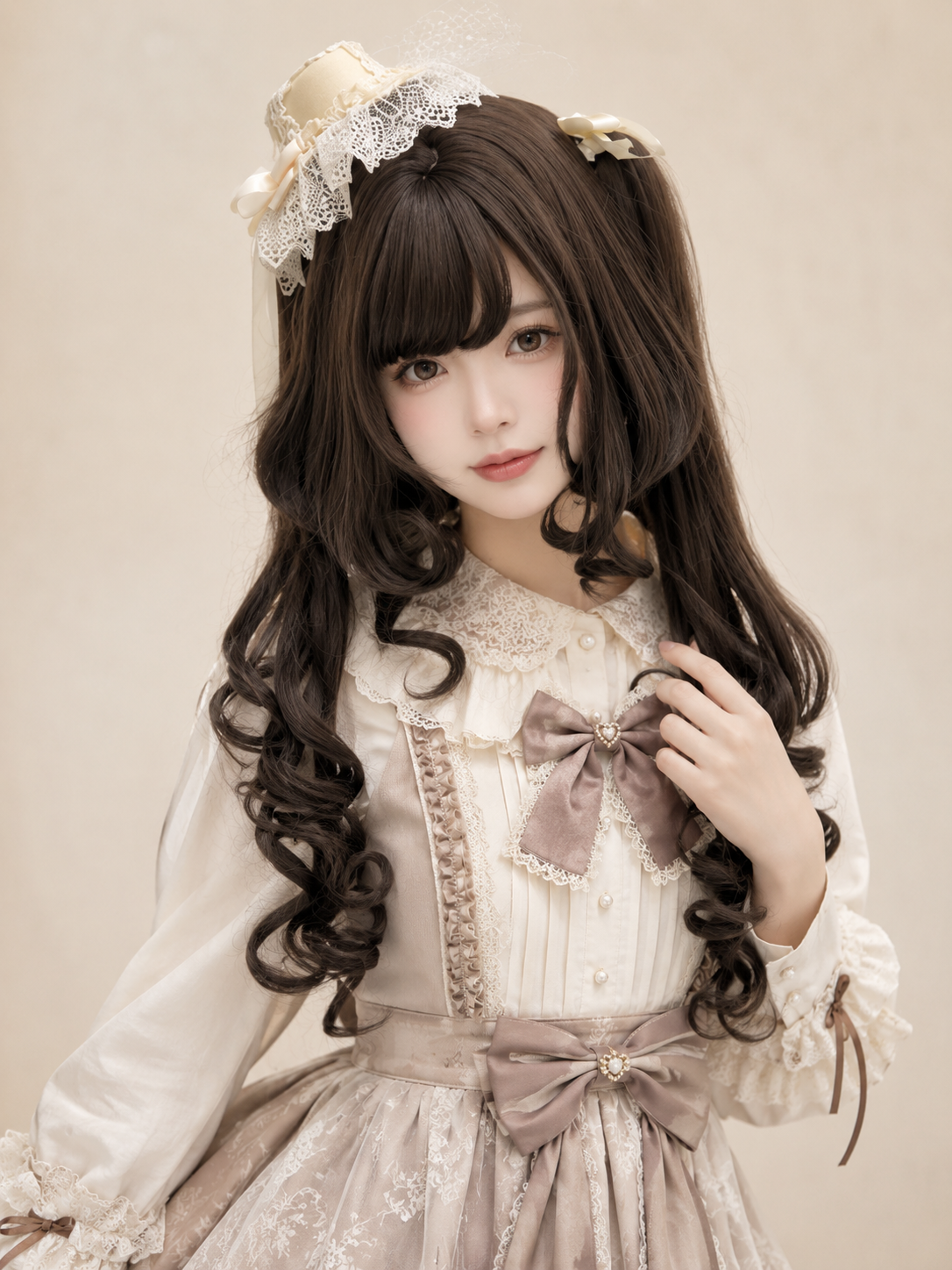 Dark Brown Curled Twin-Tail Lolita Wig in Dark Brown, styled model view 02