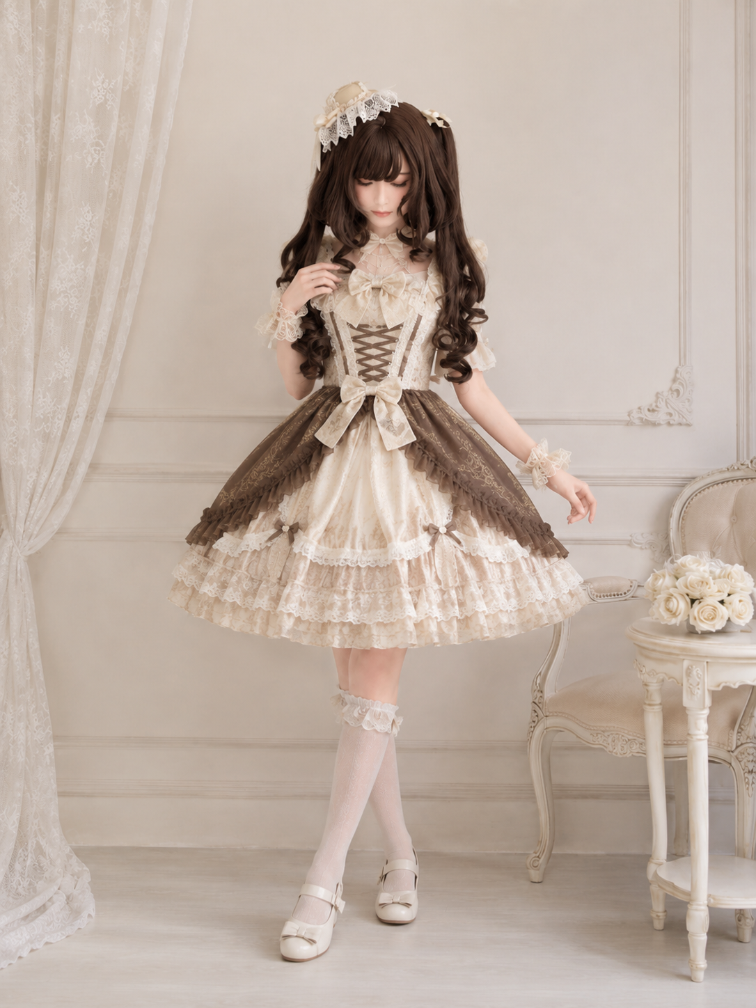 Dark Brown Curled Twin-Tail Lolita Wig in Dark Brown, styled model view 03
