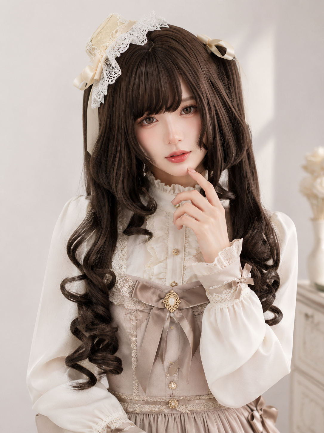 Dark Brown Curled Twin-Tail Lolita Wig in Dark Brown, styled model view 04