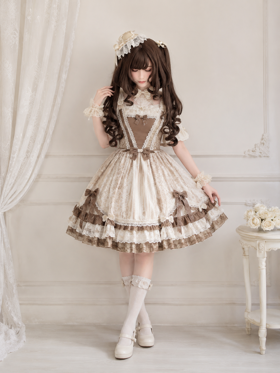 Dark Brown Curled Twin-Tail Lolita Wig in Dark Brown, styled model view 05