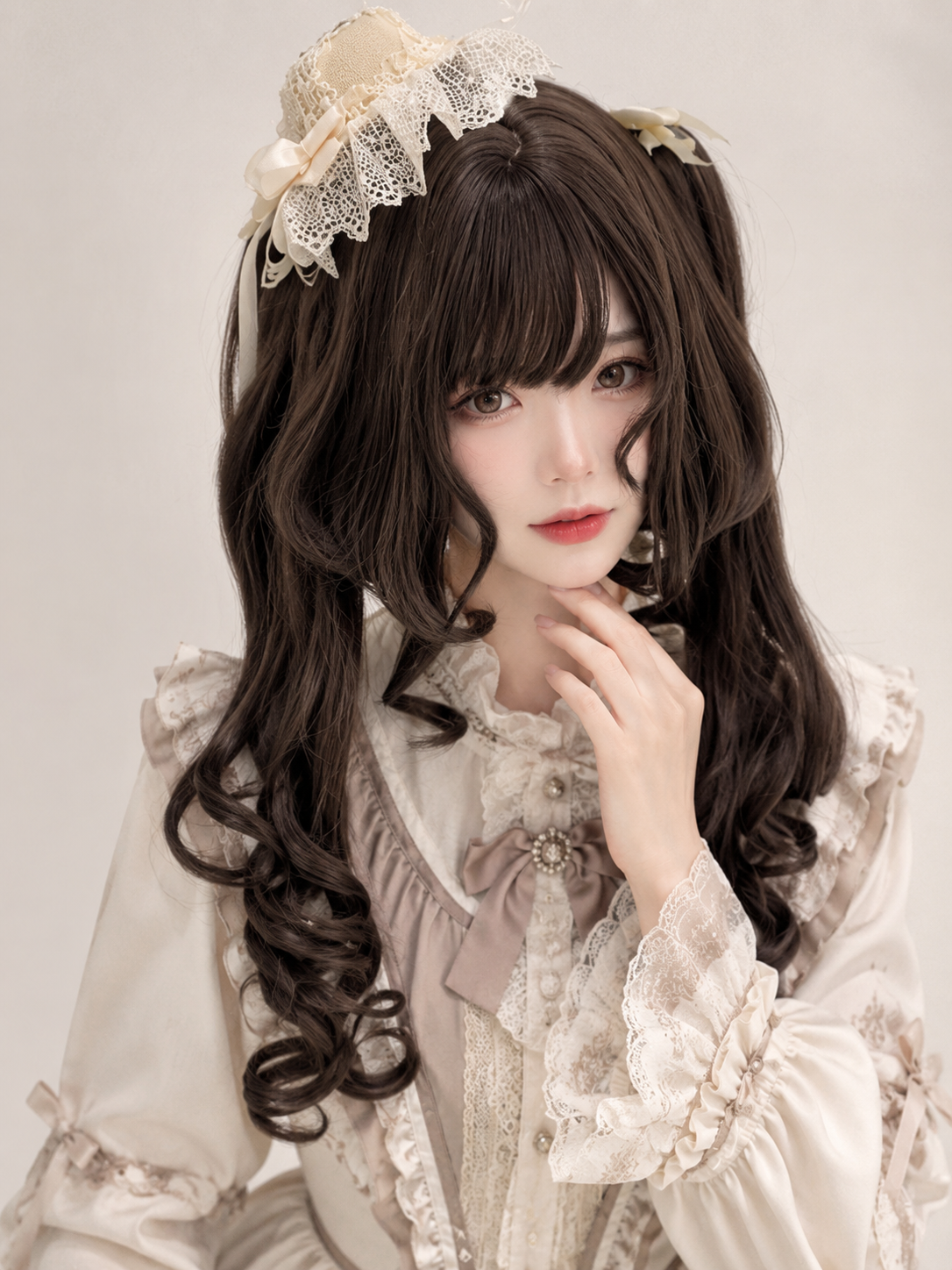 Dark Brown Curled Twin-Tail Lolita Wig in Dark Brown, styled model view 06