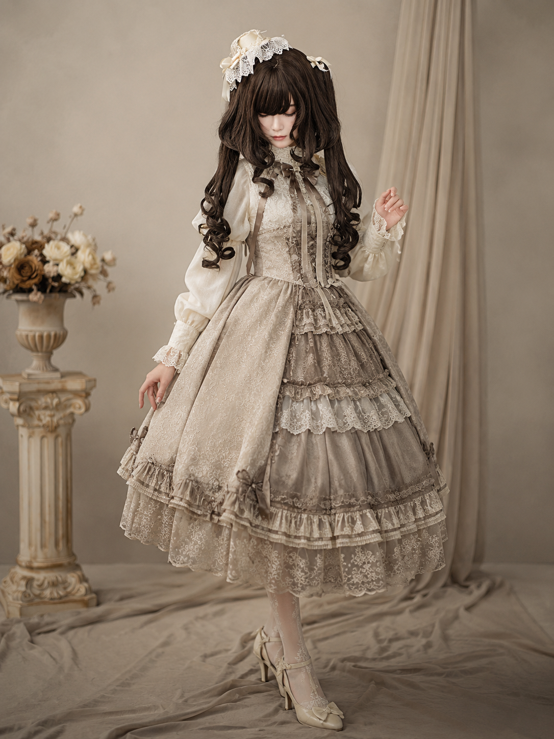 Dark Brown Curled Twin-Tail Lolita Wig in Dark Brown, styled model view 07