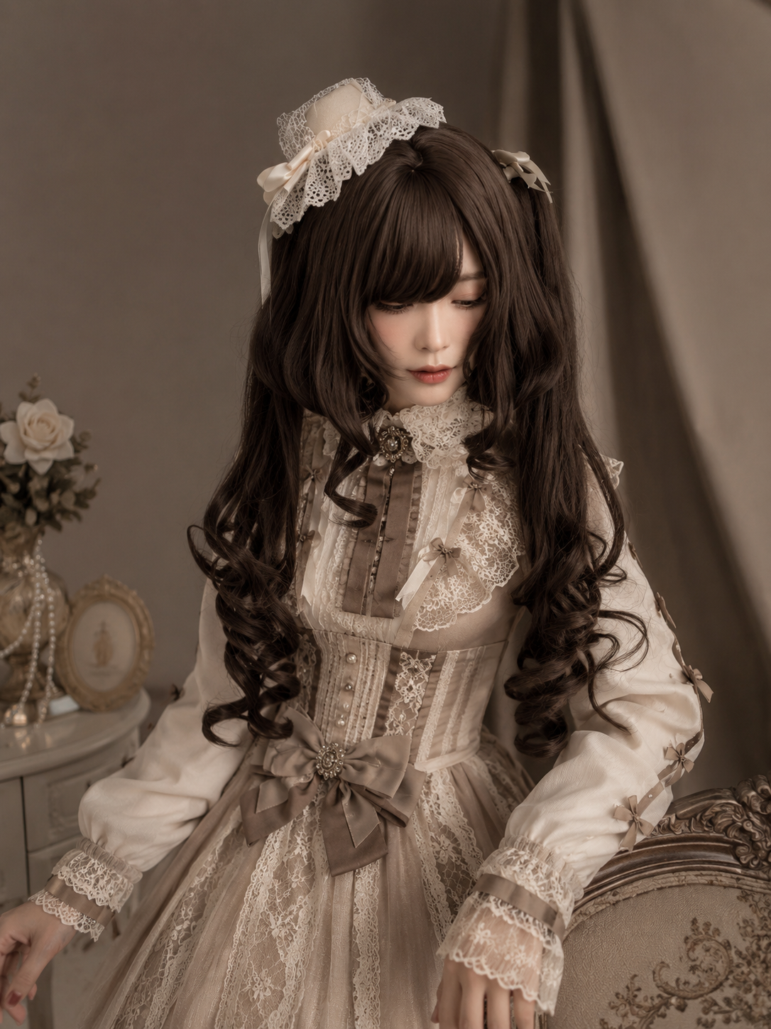 Dark Brown Curled Twin-Tail Lolita Wig in Dark Brown, styled model view 08