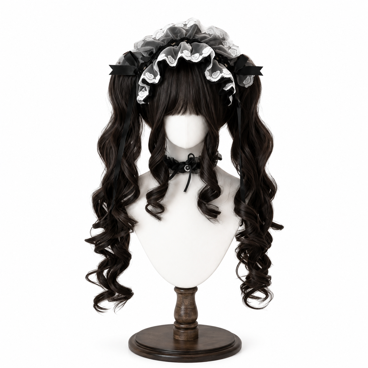Dark Brown Long Spiral-Curl Twin-Tail Lolita Wig in Dark Brown, mannequin product view 01