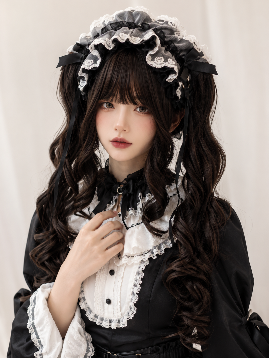 Dark Brown Long Spiral-Curl Twin-Tail Lolita Wig in Dark Brown, styled model view 01