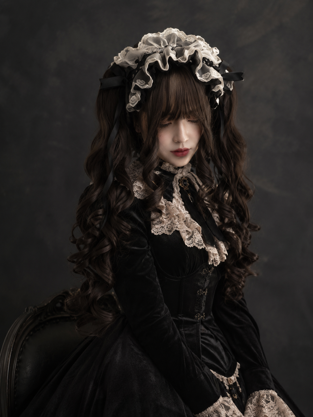 Dark Brown Long Spiral-Curl Twin-Tail Lolita Wig in Dark Brown, styled model view 02