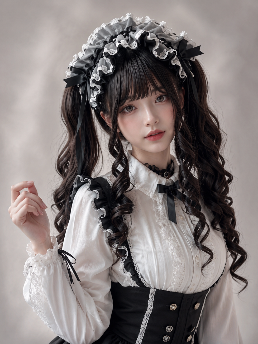 Dark Brown Long Spiral-Curl Twin-Tail Lolita Wig in Dark Brown, styled model view 03