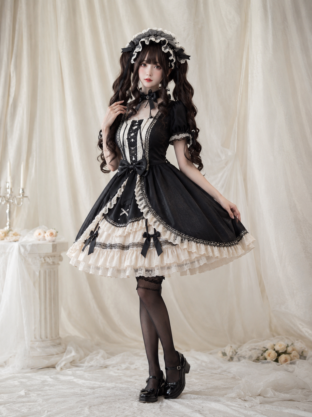 Dark Brown Long Spiral-Curl Twin-Tail Lolita Wig in Dark Brown, styled model view 04