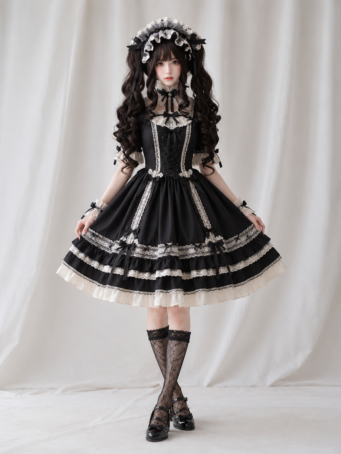 Dark Brown Long Spiral-Curl Twin-Tail Lolita Wig in Dark Brown, styled model view 05