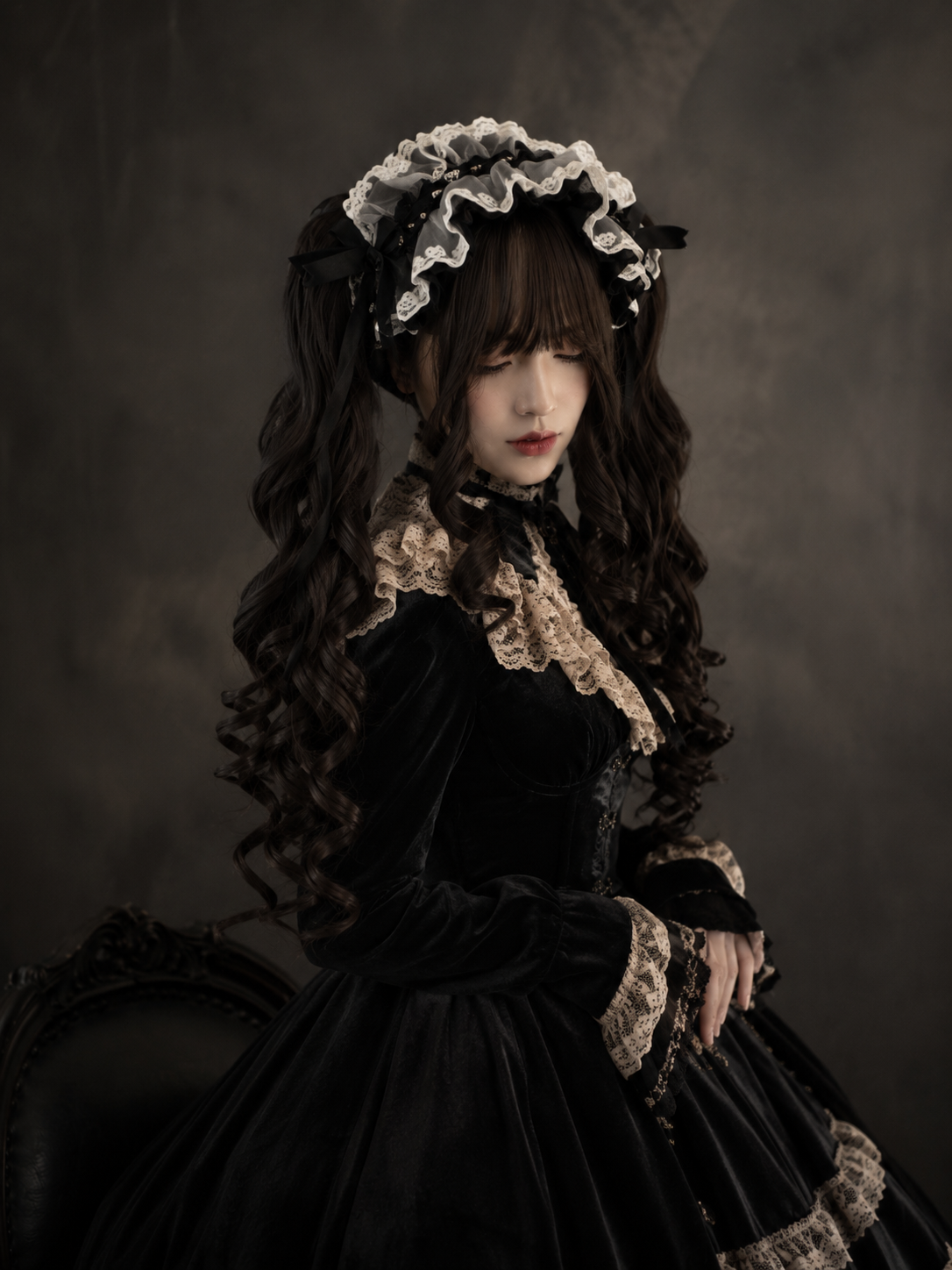 Dark Brown Long Spiral-Curl Twin-Tail Lolita Wig in Dark Brown, styled model view 06
