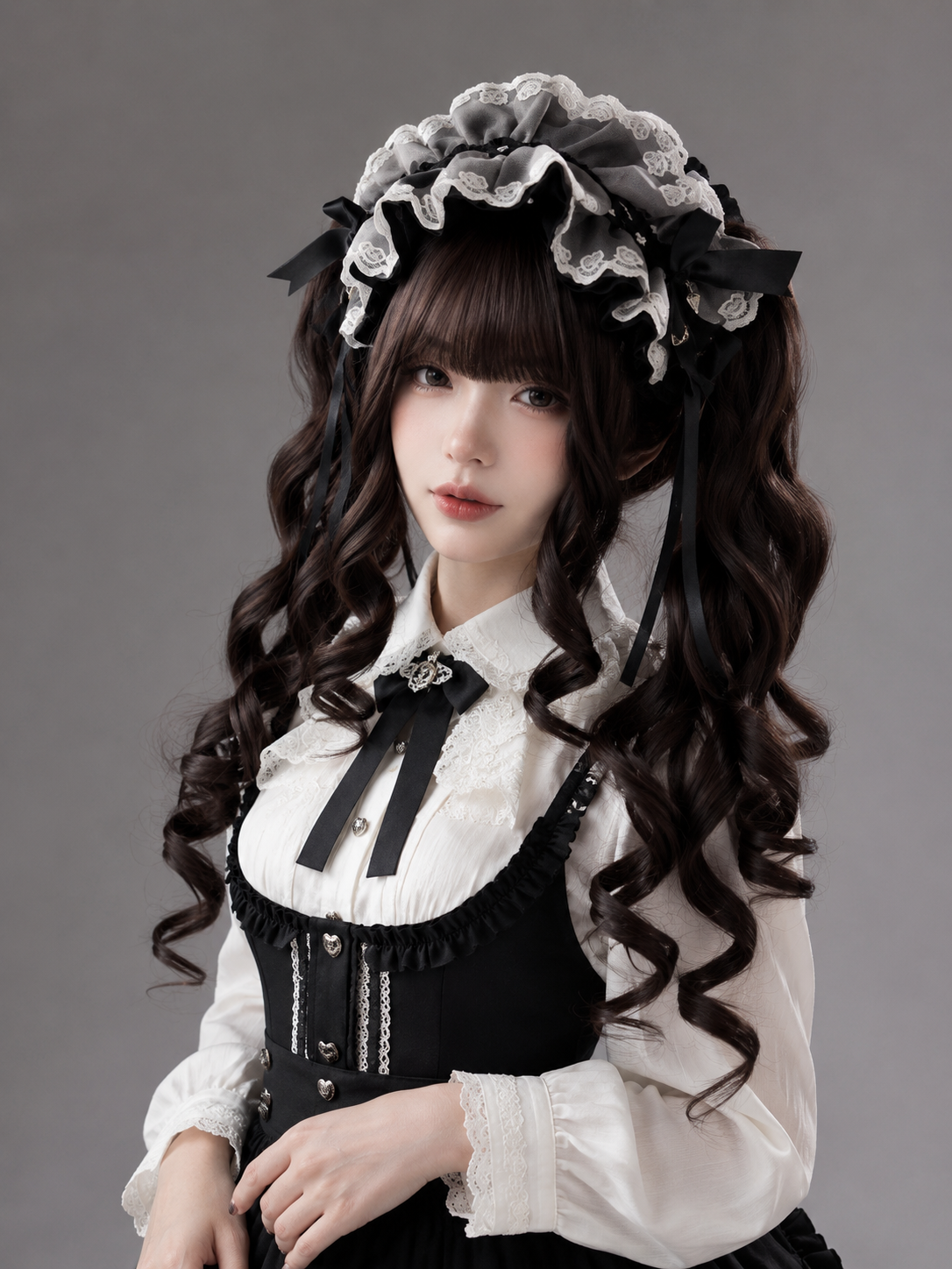 Dark Brown Long Spiral-Curl Twin-Tail Lolita Wig in Dark Brown, styled model view 07
