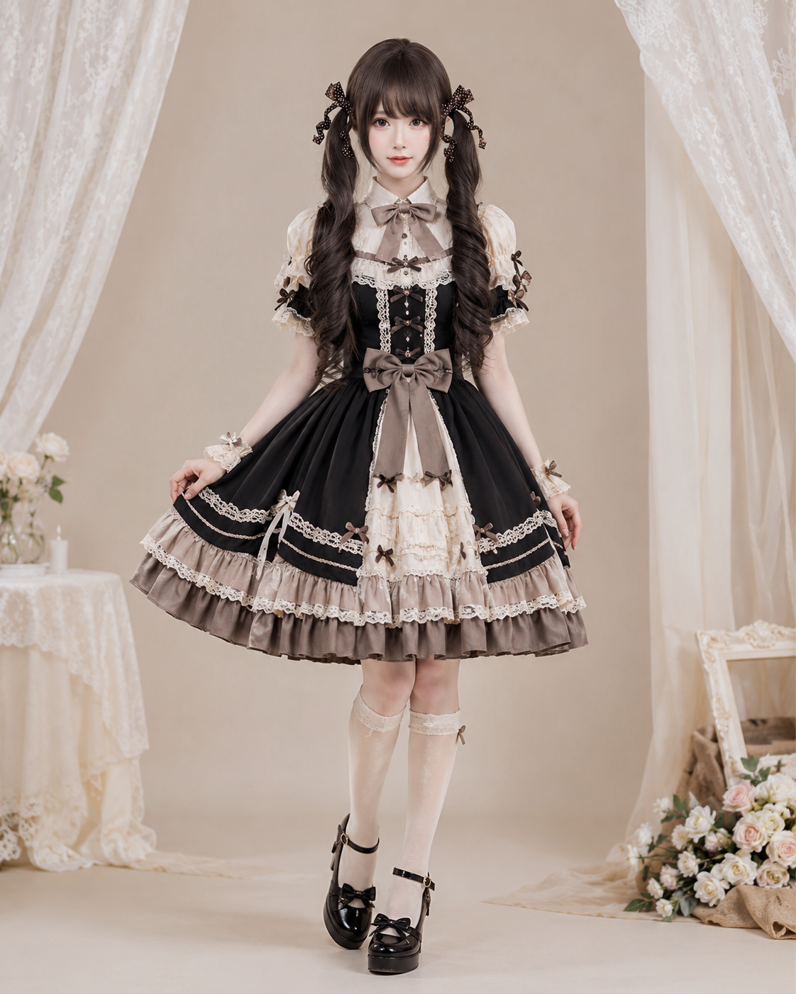 Dark Tea Brown Curled Twin-Tail Lolita Wig in Dark Tea Brown, main product styling view 01